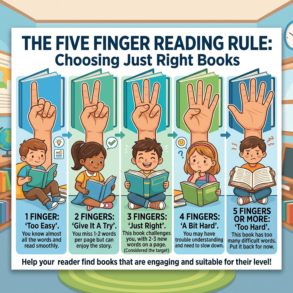The Five Finger Reading Rule: Choosing Just Right Books. 1 finger: Too Easy. You know almost all the words and read smoothly. 2 fingers: Give It a Try. You miss 1-2 words per page but can enjoy the story. 3 fingers: Just Right. This book challenges you, with 2-3 new words on a page. Considered the target. 4 fingers: A Bit Hard. You may have trouble understanding and need to slow down. 5 fingers or more: Too Hard. This book has too many difficult words. Put it back for now. Help your reader find books that are engaging and suitable for their level!
